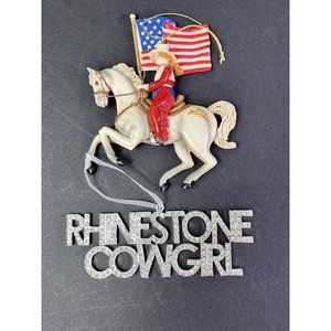 RHINESTONE COWGIRL Ornament Austrian Crystals Spell Out + Rodeo Girl Horse Flag